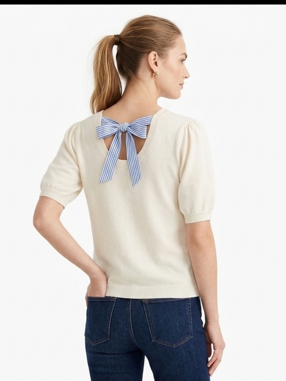 J.CREW Cream Cotton Puff Sleeve V-Back Tie Top Striped Bow Small Preppy Nautical